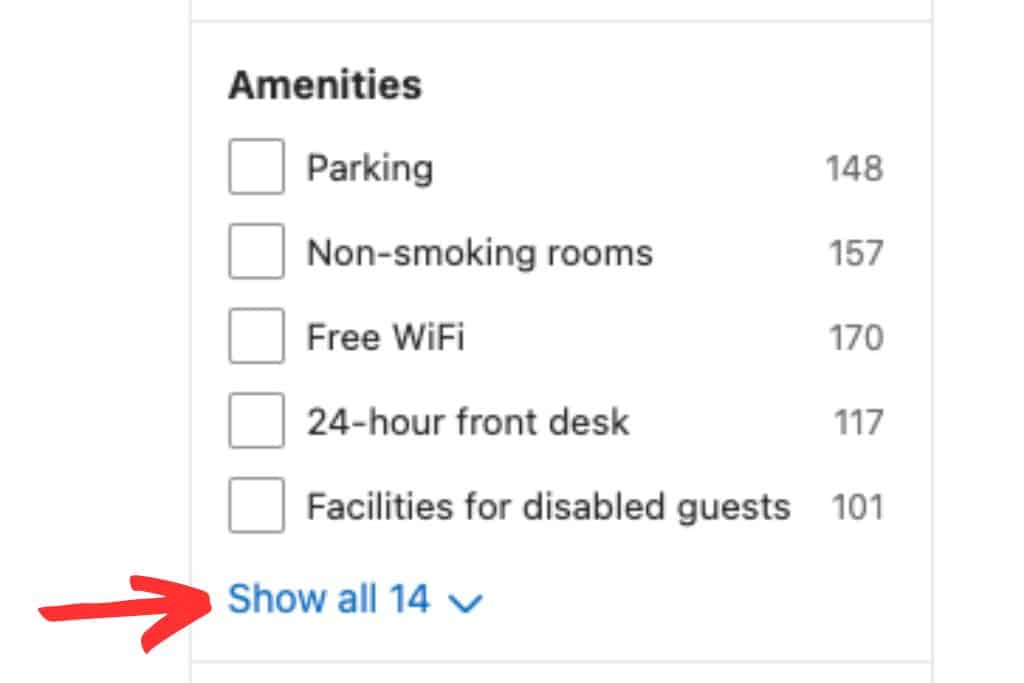 Amenities list on Booking.com for finding hotels with EV charging 