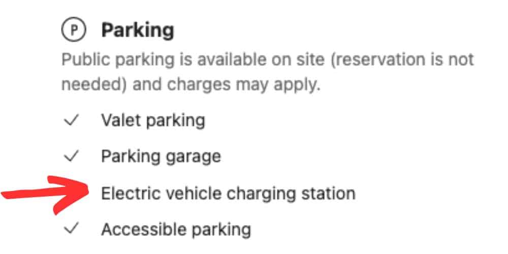 Example of hotel parking information that shows how to find EV charging options