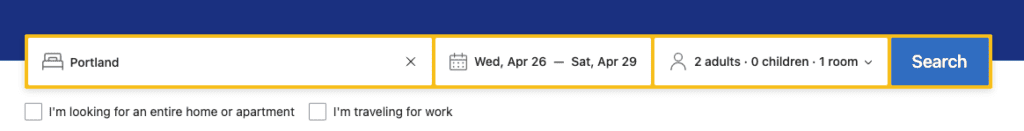 Booking.com search bar to search for hotels with EV charging.